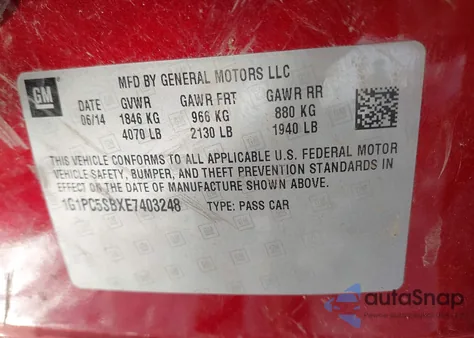 2014 Chevrolet Cruze 1Lt Auto z USA, uszkodzony, nr VIN 1G1PC5SBXE7403248